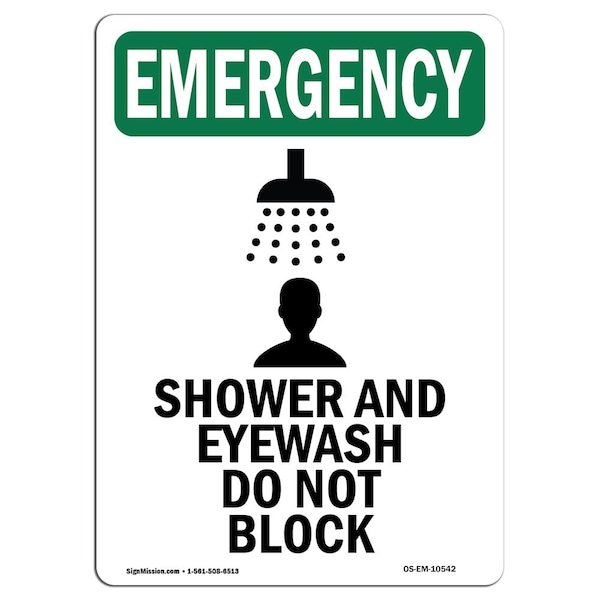 Safety Sign, OSHA EMERGENCY, 5" Height, Shower And Eyewash, Portrait, 10PK